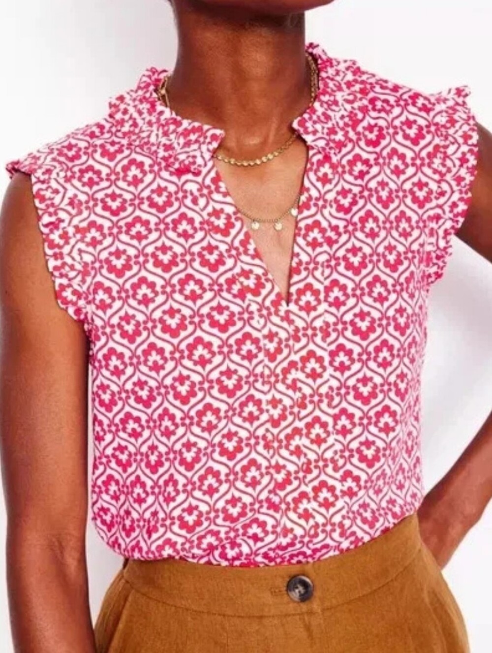 Boden Ruffle Neck Printed Top